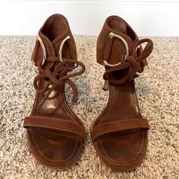 Brown Suede Horse Bit Tie Sandals